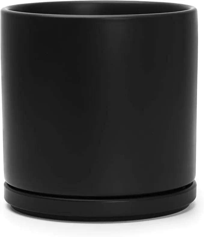 D'vine Dev 8 Inch Ceramic Planter Pot with Drainage Hole and Saucer, Indoor Cylinder Round Planter Pot, Black, 94-O-D-2 by GreenHaven Gardens