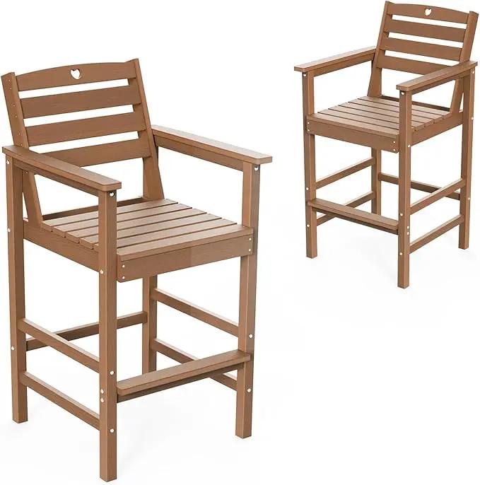Tall Adirondack Chairs Set of 2, HDPE Wood Balcony Adirondack Chairs Set with Heart Cutout Design, Weather-Resistant Bar Height Furniture for Deck, Porch, Pool (Teak) by GreenHaven Gardens