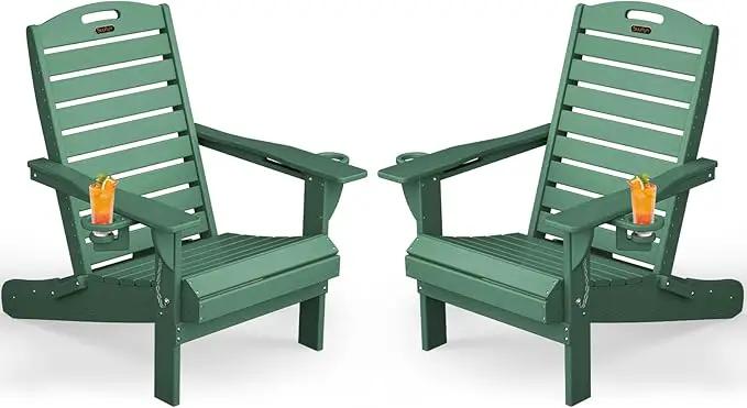 Adirondack Chairs Set of 2, Outdoor Fire Pit Chairs, HDPE All-Weather Adirondack Chairs with Cup Holder, Lawn Chair for Deck, Patio, Garden (Green) by GreenHaven Gardens