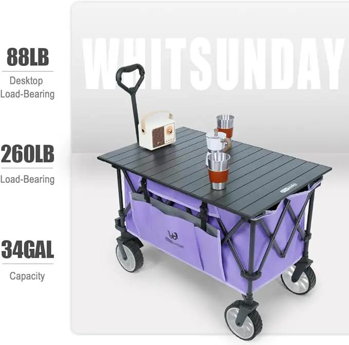 Whitsunday Folding Collapsible Utility Wagon, 400Lbs Heavy Duty Outdoor Park Beach Wagon with Table and Side Pocket for Garden Camping Sports Shopping Purple by GreenHaven Gardens