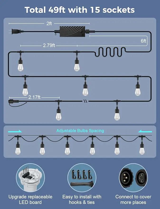 XMCOSY+ Outdoor String Lights Smart, 49Ft RGBCWIC Patio Lights Waterproof, App Control, Compatible with Alexa, Color Changing LED String Light for Outside Yard Garden Porch by GreenHaven Gardens