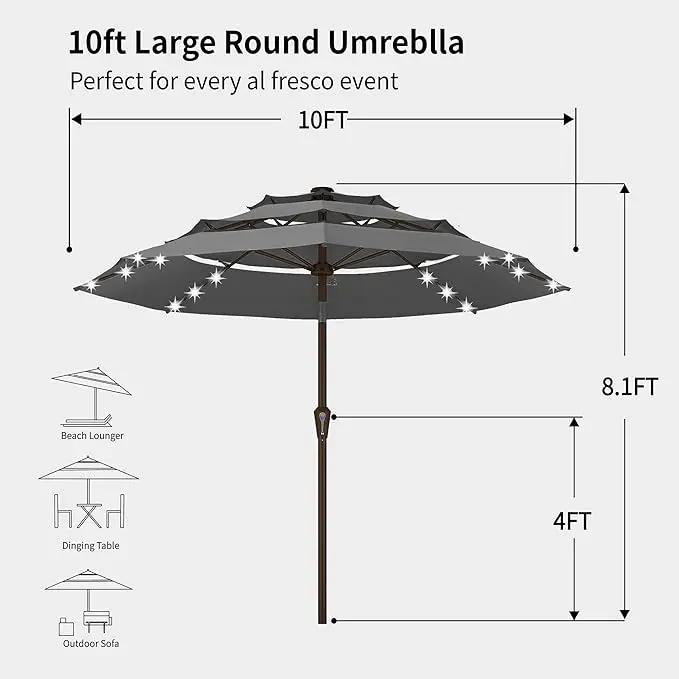 Kingdura 10ft 3-Tier Patio Umbrella with Solar Lights, Table Umbrella Outdoor Patio with Easy Crank & Tilt, 8 Sturdy Ribs, UV Protection, 32 LED Lights for Deck, Poolside, Market (Grey) by GreenHaven Gardens