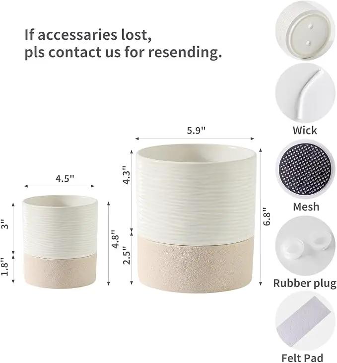 Nihow Self Watering Plant Pot for Indoor Plants: 4.5+6 Inch Ceramic Planter with Drainage Hole & Water Storage Plus - Cylinder Flower Pot with Wick for Herbs -White & Brown by GreenHaven Gardens