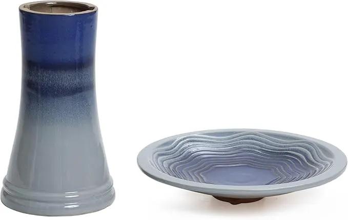 LuxenHome 18 Inch Ceramic Bird Bath for Outside, Elegant Tall Outdoor Bird Bath, Lightweight Pedestal Glazed Birdbaths for Outdoors with Swirl Pattern, Ombre Blue by GreenHaven Gardens