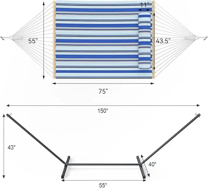 2 Person Outdoor Hammock with Stand, Cotton Rope Hammock with Polyester Pad, Adjustable Steel Frame, Portable with Carrying Bag – for Patio, Backyard, Garden, Beach, Blue by GreenHaven Gardens