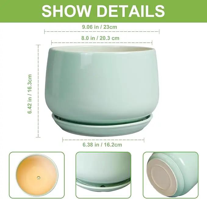 G EPGardening Ceramic Pots for Plants - 9 Inch Ceramic Planter with Drainage and Saucer, Round Planter for Indoor Outdoor Plants, Modern Flower Pots, Garden Decor, Birthday Gifts, Green by GreenHaven Gardens