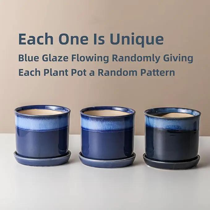 5.8 Inch Plant Pot: Ceramic Planter with Drainage Hole & Saucer - Gradient Blue Flowerpot for Indoor & Outdoor Plants with Separate Tray by GreenHaven Gardens