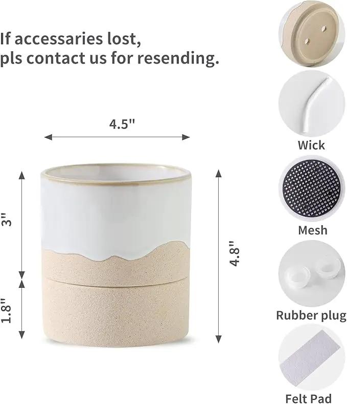 Nihow Self Watering Plant Pot: 4.5 Inch Ceramic Planter with Drainage Hole & Water Storage Plus for Indoor & Outdoor Plants - Cylinder Flower Pot for Herbs/Violets - White & Nature by GreenHaven Gardens
