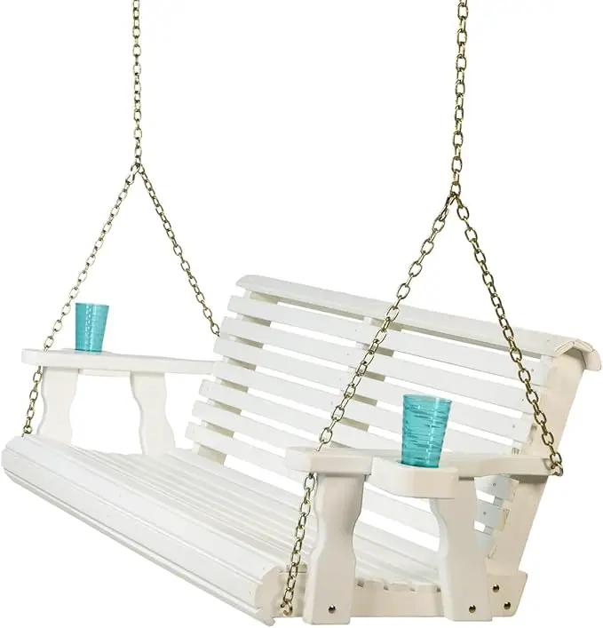 Amish Casual 5 Foot Roll Back Porch Swing with Cup Holders in Semi-Solid White Stain - Amish Made in The USA from Treated Pine Heavy Duty 700 Lb. Weight Capacity by GreenHaven Gardens
