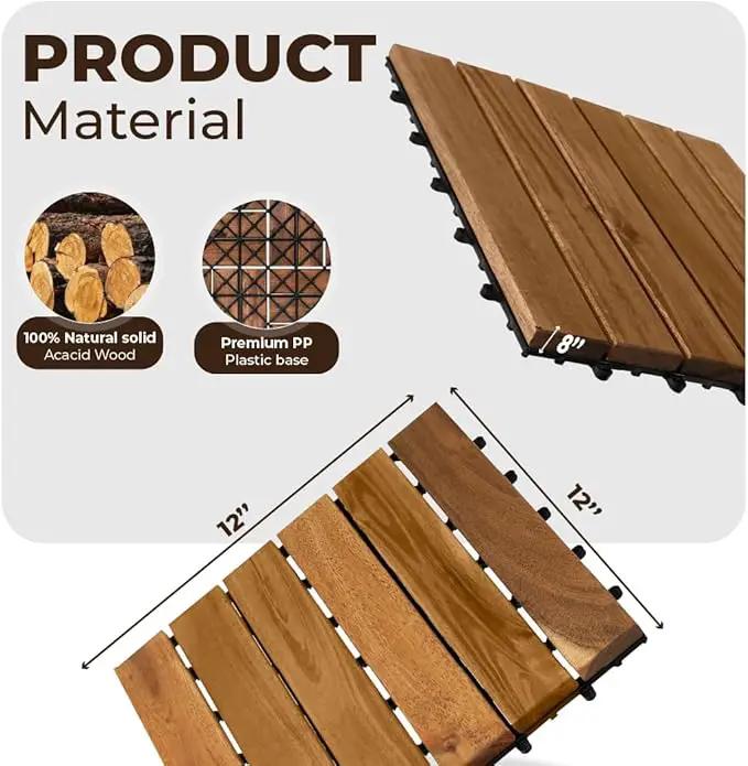 Pack of 10 Deck Tiles - 12"x12" Interlocking Natural Solid Acacia Wood for Outdoor & Indoor, Patio Garden, Balcony, Poolside - Natural6 Color by GreenHaven Gardens