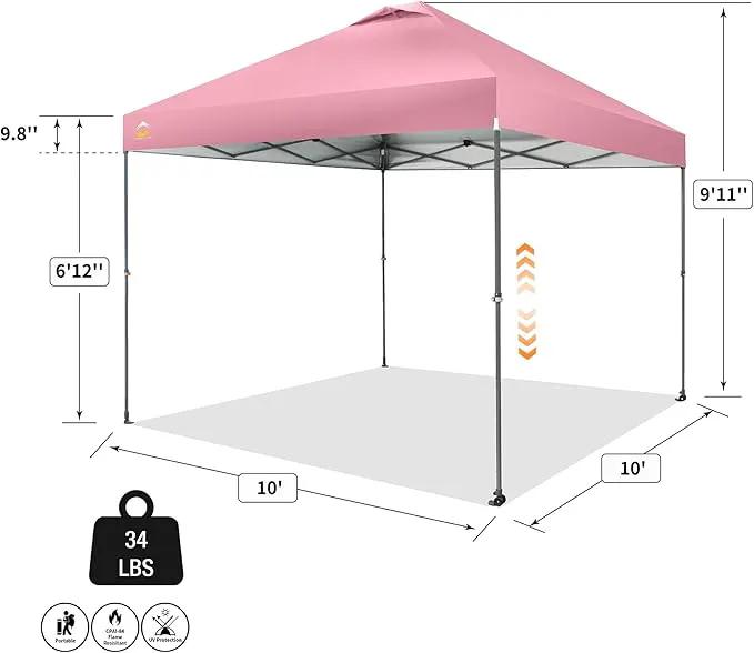 CROWN SHADES Adjustable Height on The Fly, 10x10 Pop Up Canopy - Beach Tent with One Push Setup - Easy Outdoor Sun Shade for Events, Parties, Camping - Outside Shade with STO-N-Go Bag, Pink by GreenHaven Gardens