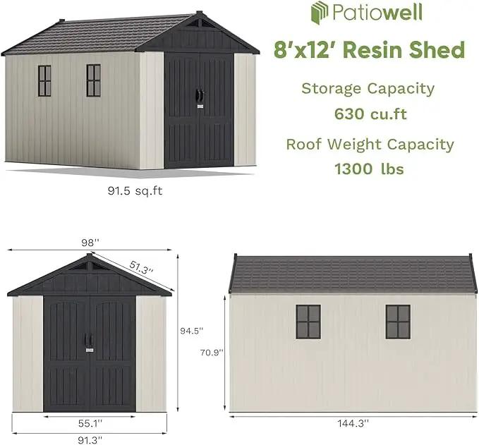 Patiowell 8 x 12 FT Plastic Outdoor Storage Shed with Floor, Resin Shed with Window and Lockable Door for Garden, Backyard, Tool Storage Use, Easy to Install in Beige (Kick-it Shed) by GreenHaven Gardens