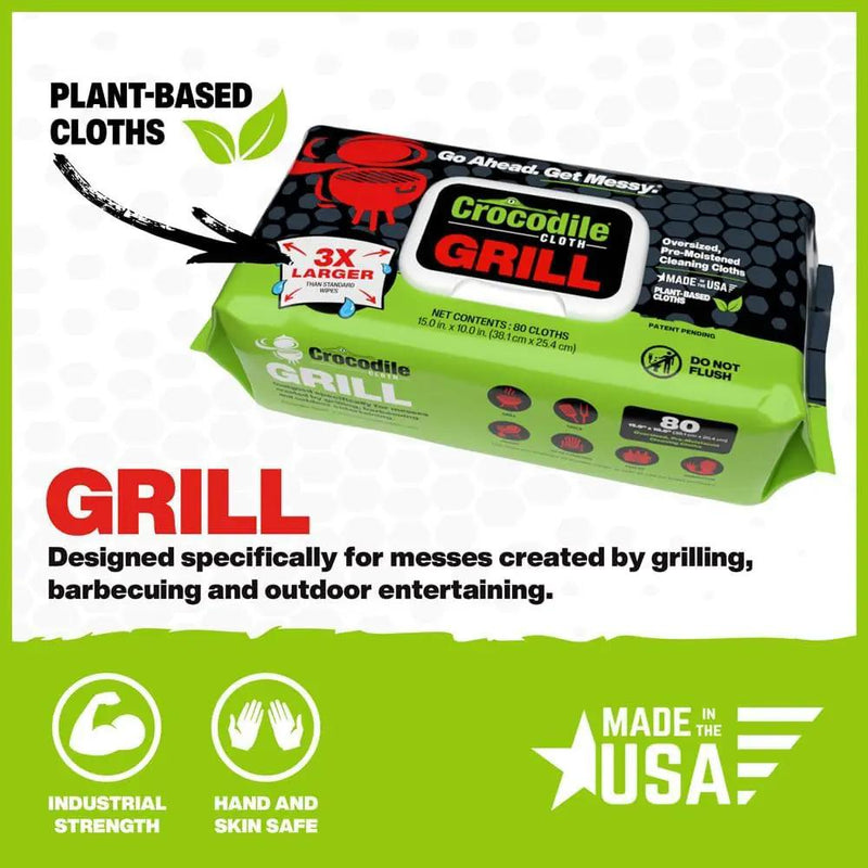 Crocodile Cloth Grill - 80 (15" x 10") Plant-based Cleaning Wipes. Safe on Skin & Multiple Surfaces. Infused with Aloe & Vitamin E. Large, Pre-Moistened & Absorbent. by GreenHaven Gardens