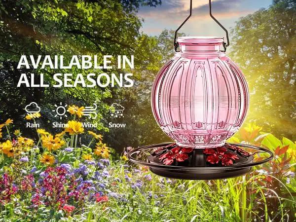 Glass Hummingbird Feeder for Outdoors Hanging, Bird Nectar Feeder with Perch & 5 Flower Feeding Ports, 26 Oz Leak Proof for Outside Garden Decor Backyard, Gifts for Women Mom, Pink by GreenHaven Gardens