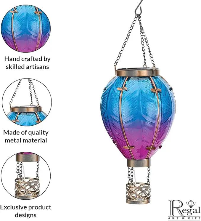 Regal Art & Gift Hot Air Balloon Solar Lantern – Hanging Solar-Powered LED Lights, Waterproof Portable Decorative Outdoor Lamp Made of Metal & Glass for Garden, Patios & Pathway – Blue (Small) by GreenHaven Gardens