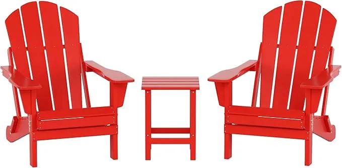WO Home Furniture Adirondack Chairs Table Set of 3 PCS Outdoor Folding Chairs Side End Table Weather/UV Resistant for Lawn, Garden, Bon Fire, Balcony (Red) by GreenHaven Gardens