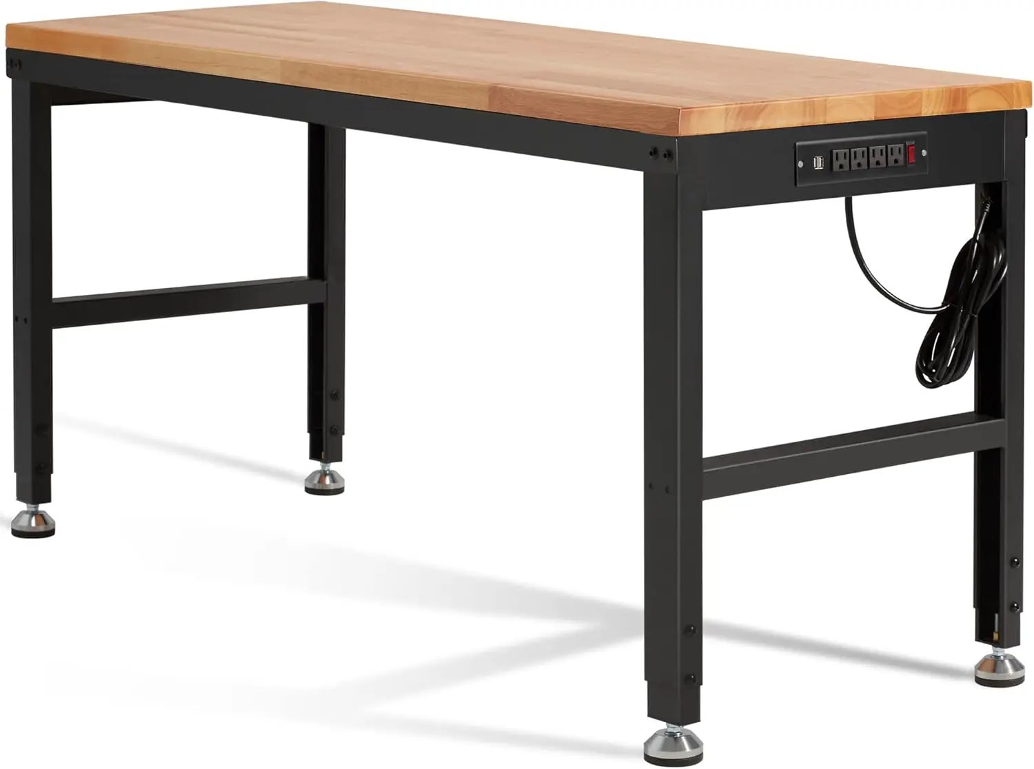 Haddockway Adjustable Workbench for Garage, 60" x 22" Rubber Wood Top Worktable with Power Outlets, Max 2000 Lbs Load Capacity Heavy Duty Workstation for Workshop Office Home (Black Frame, 60in) by GreenHaven Gardens