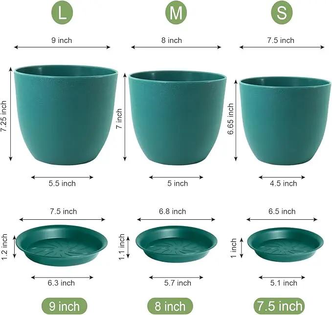9/8/7.5 inch Flower Pots, 3 Pack Modern Plastic Planters with Drainage Holes and Trays for House Plants, Plant Pots for Indoor Outdoor Plants, Blue Green by GreenHaven Gardens