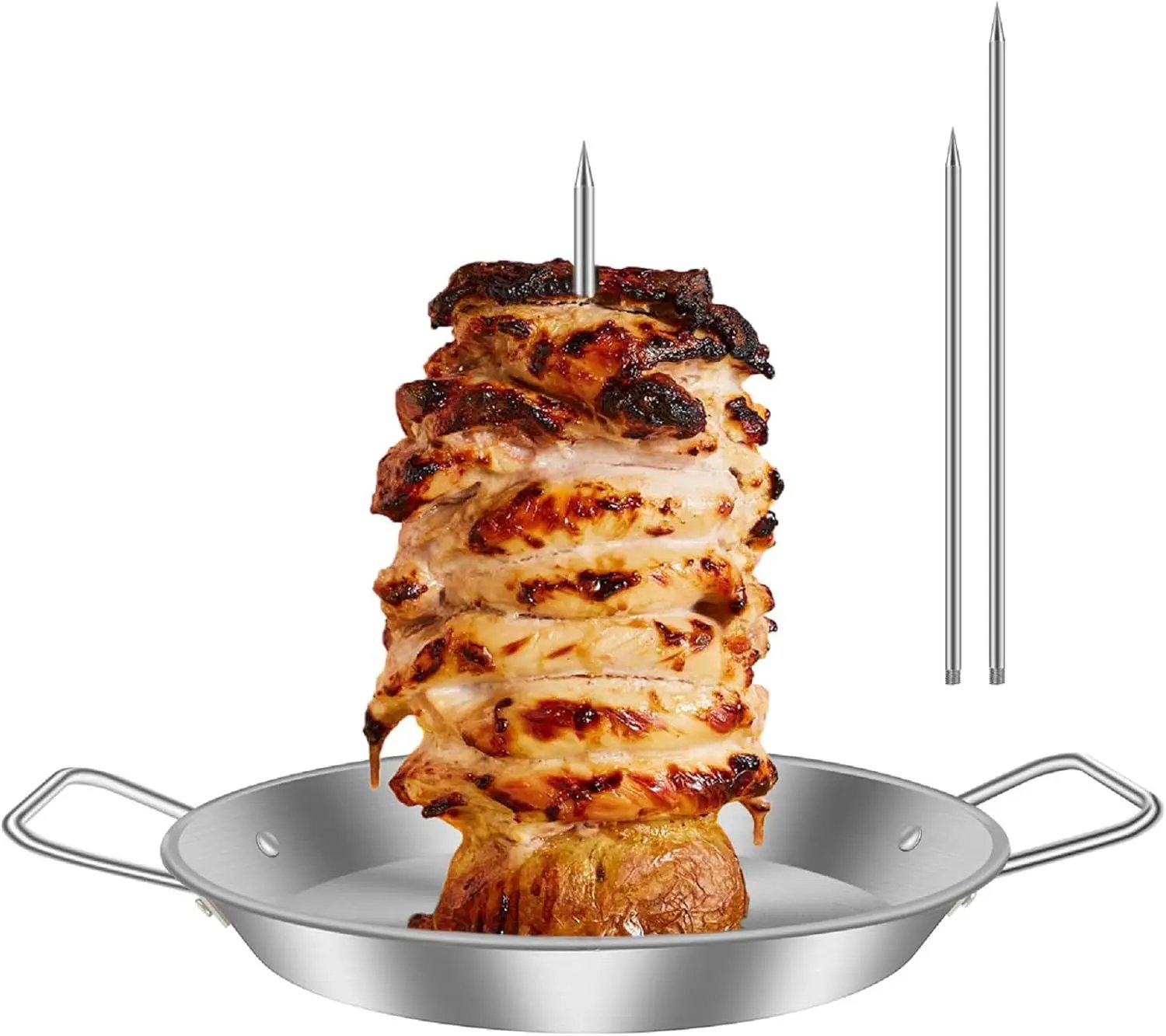 Vertical Skewer Pan, BBQ Skewer for Al Pastor, Stainless Steel Vertical Spit Stand with 3 Removable Spikes (8" / 10" / 12") for Oven Grill Use, for Shawarma Kebabs Tacos Barbecue Dishes by GreenHaven Gardens
