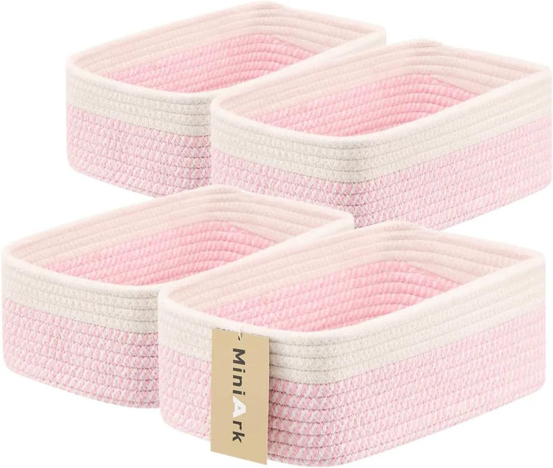 Small Storage Baskets for Organizing | Closet Organizer Bins | Shelf Toy Basket | Woven Rope Baskets | Cube Decorative Box | Shallow Basket | 11.5x7.5x4.7” | 4 Packs White Pink by GreenHaven Gardens