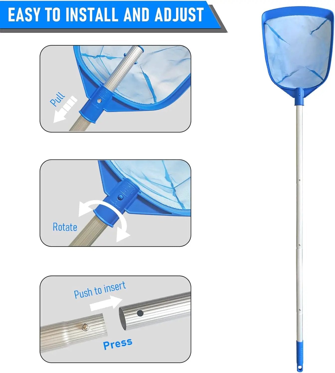 Poolvio Swimming Pool Leaf Skimmer Net, with 5 Sections Telescopic Aluminum Pole & Nylon Medium Fine Mesh Pool Net, Pool Cleaning Tool for Removing Leaves & Debris by GreenHaven Gardens