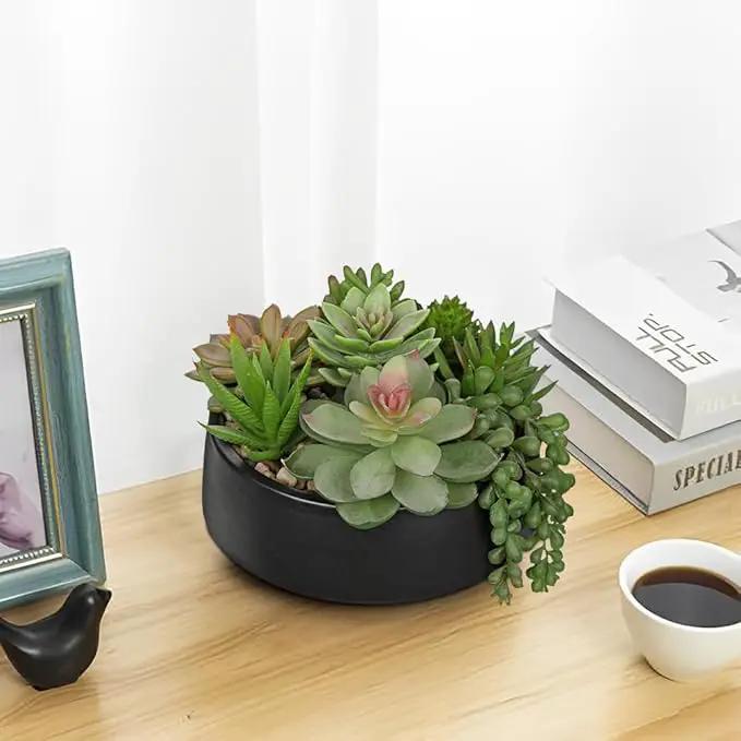 DILATATA Artificial Succulent Plants in Pot 5.5 Inch Fake Succulents Arrangement Potted Plant in Black Ceramic Planter Bowl for Home Office Desk Shelf Living Room Bedroom Bathroom Decor by GreenHaven Gardens