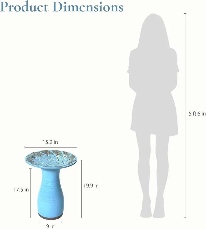 LuxenHome 20 Inch Ceramic Bird Bath for Outside, Elegant Tall Outdoor Bird Bath, Lightweight Pedestal Glazed Birdbaths for Outdoors with Leaf Pattern, Sky Blue by GreenHaven Gardens