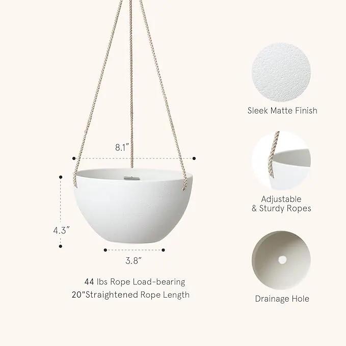 La Jolie Muse White Hanging Planter Basket - 8 Inch Indoor Outdoor Flower Pots, Plant Containers W/ Drainage Hole, Plant Pot for Hanging Plants, Pack 2 by GreenHaven Gardens