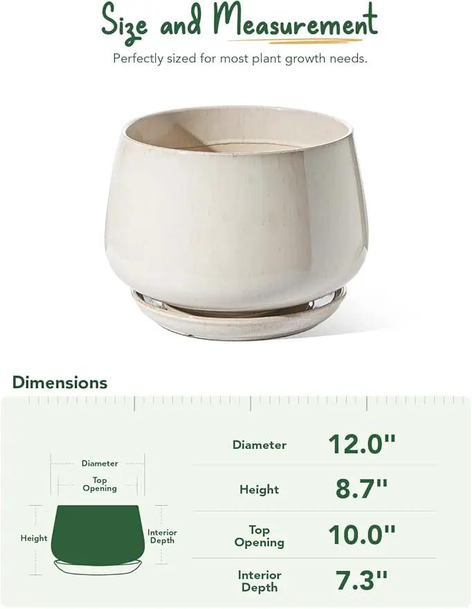 LE TAUCI Ceramic Planters, 12 Inch Pots for Plants, Indoor Plant Pots with Drainage Holes and Saucers, Modern Planters Fit Mid Century Plant Stand, Flower Pots for Indoor Plants, Reactive Glaze Beige by GreenHaven Gardens