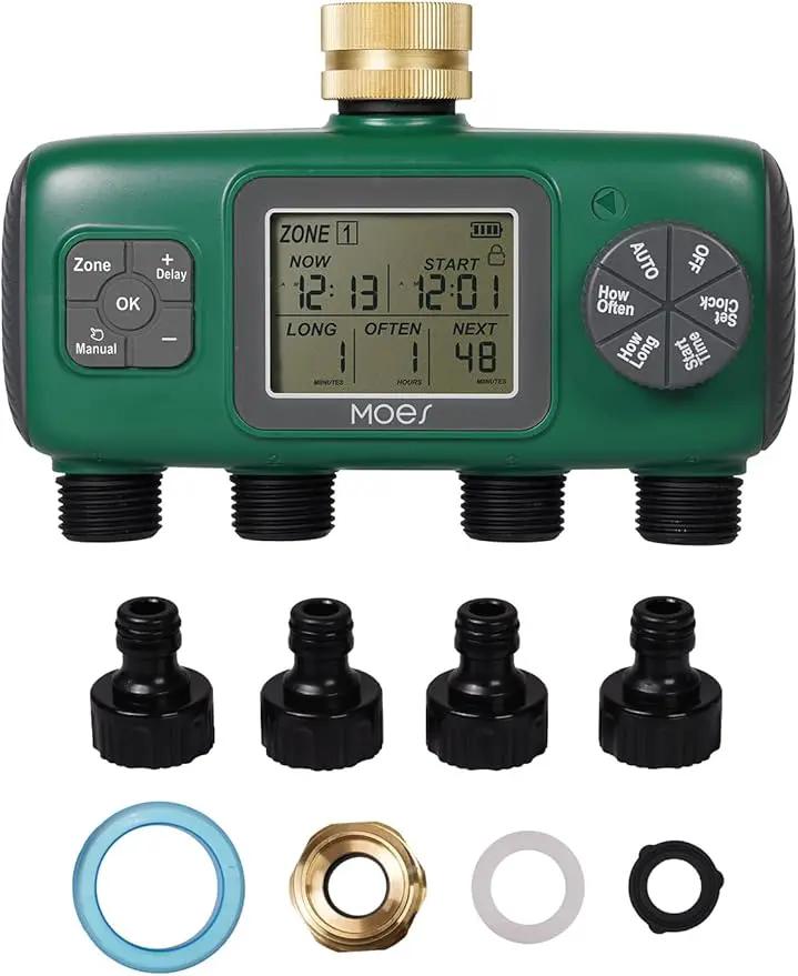 MOES 4 Outlet Sprinkler Timer, Brass Inlet, Programmable Automatic Irrigation Controller, Rain Delay, Manual Watering, 4 Zone Water Hose Timer for Gardens, Lawns, and Hose Systems by GreenHaven Gardens