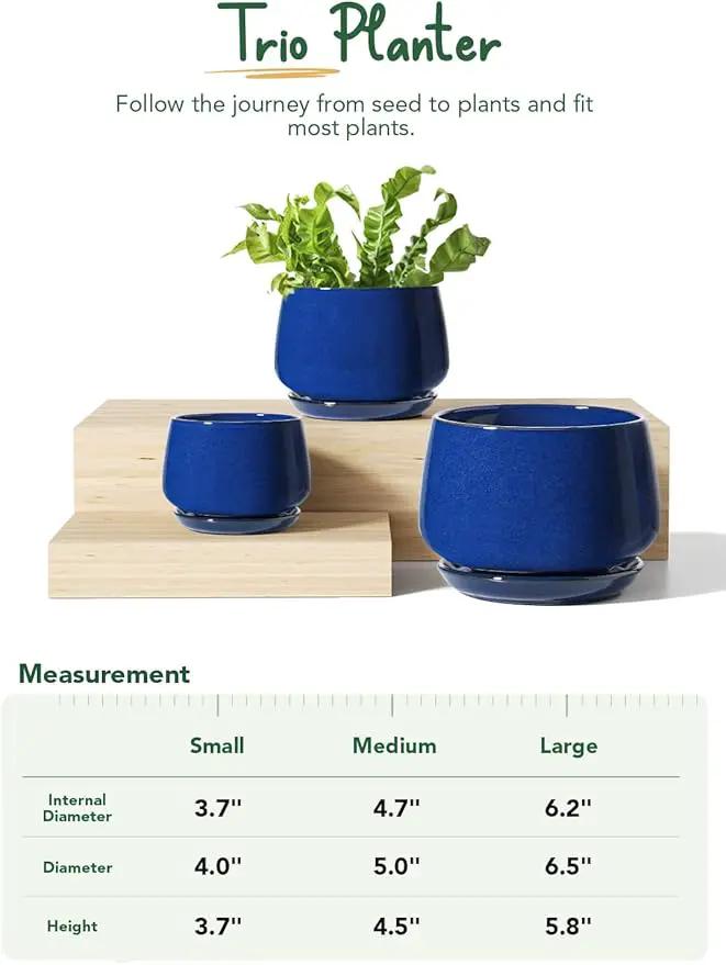 LE TAUCI Plant Pots, 4.1+5.1+6.5 inch, Set of 3, Ceramic Planters with Drainage Hole and Saucer, Indoor Flower Pot with Hole Mesh Pad, Gifts for Mom, Sapphire Blue by GreenHaven Gardens