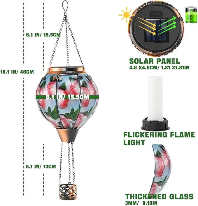 Hot Air Balloon Solar Lantern - Simulated Flickering Flame Hummingbird Glass Lantern, Outdoor Hanging Yard Light Waterproof IP65 & Weather Resistant for Garden Patio Lawn Porch Decor Gfit by GreenHaven Gardens