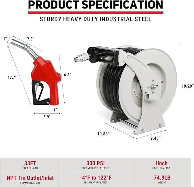 Fuel Hose Reel, 1" x 33' Diesel Fuel Reel with Refueling Nozzle, 300 PSI Heavy-duty Steel Construction Used for Aircraft Ship Vehicle Tanker Truck by GreenHaven Gardens