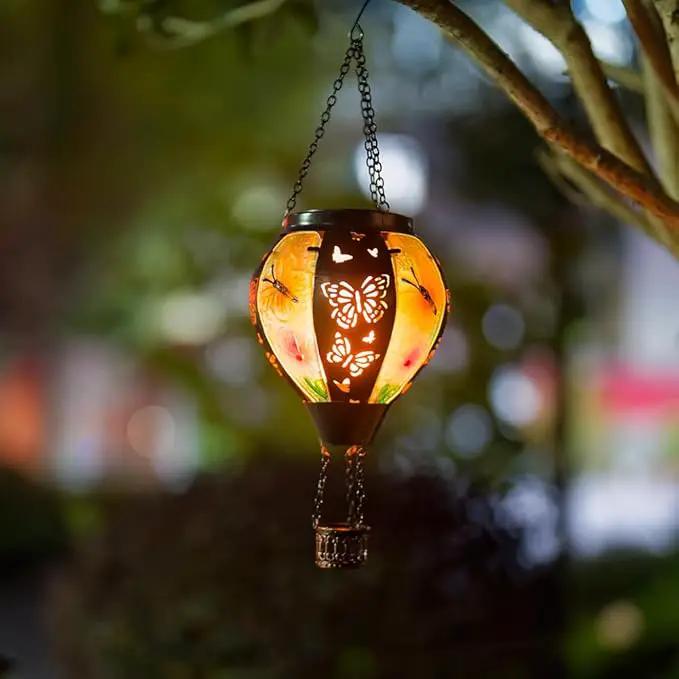 DREAMSOUL Butterfly Hot Air Balloon Solar Lantern, Glass & Metal Outdoor Lantern Hanging Solar Lanterns Outdoor Waterproof for Garden Patio Party by GreenHaven Gardens