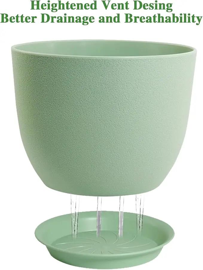 12/10/9 Large Modern Plant Pots, Plastic Planters with Drainage Holes and Saucers for Indoor Outdoor Plants Flowers, Green by GreenHaven Gardens