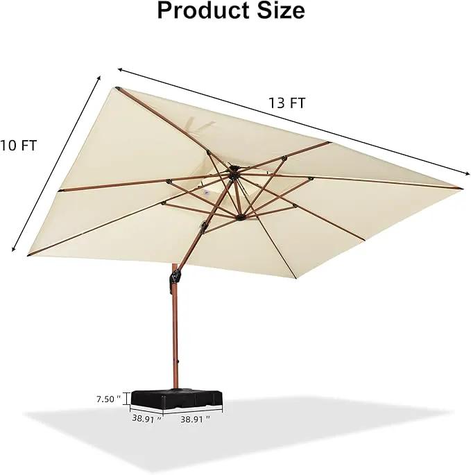 PURPLE LEAF 10' X 13' Double Top Deluxe Wood Pattern Rectangle Patio Umbrella with Base Offset Hanging Umbrella Outdoor Market Umbrella Garden Umbrella, Cream by GreenHaven Gardens