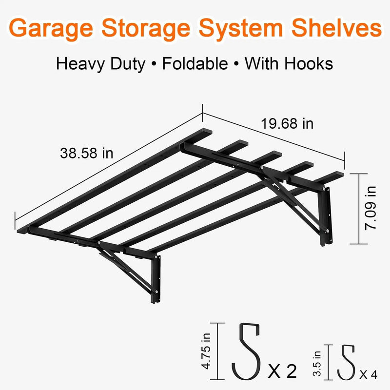 4-Pack Garage Storage System Shelves 3.21x1.64 ft - Compact Folding Wall Shelves for Garage, Sturdy Metal Wall Shelving with Hooks, Versatile Metal Hanging Shelf Design, Sleek Floating Black Shelf by GreenHaven Gardens