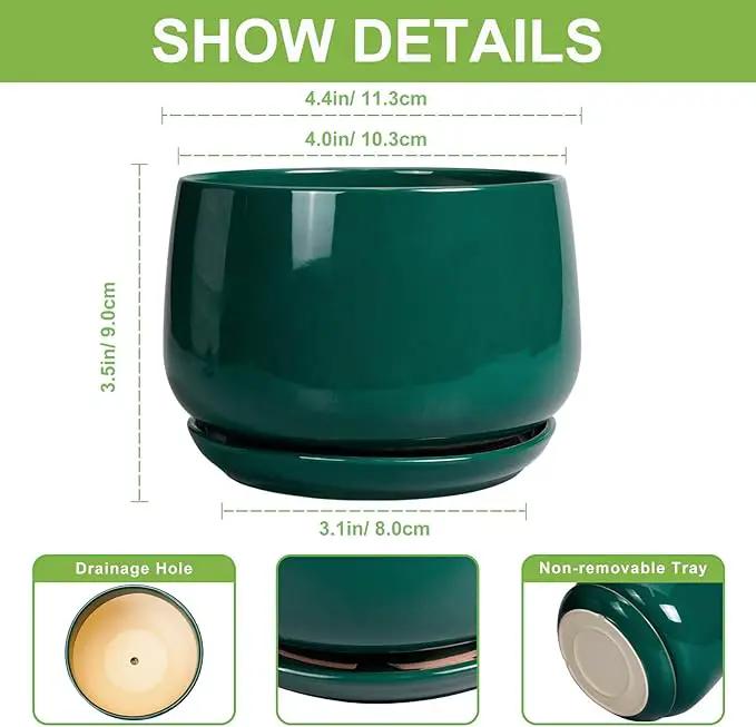G EPGardening 4 inch Plant Pots - Small Ceramic Planter with Drainage Hole & Tray, Succulent Pots Indoor Outdoor, Round Modern Planter, Decorative Flower Pot, Desk Decor, Gifts for Plant Lover, Green by GreenHaven Gardens