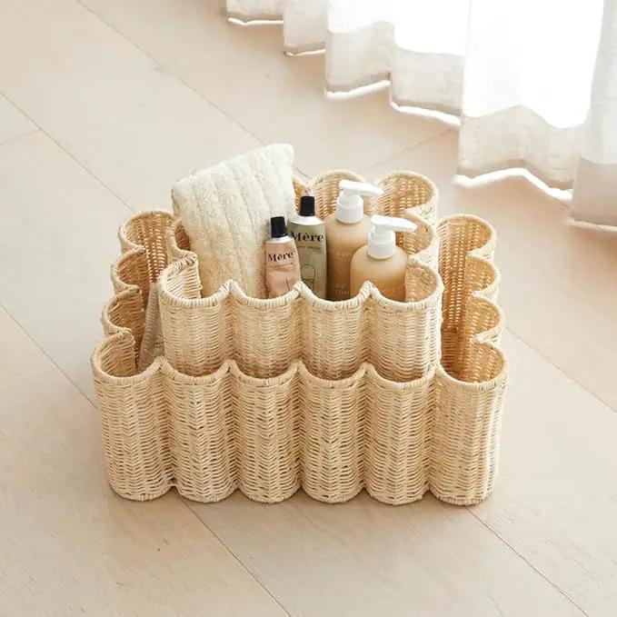 BEBE BASK Unique Wavy Scalloped Basket Set Of 2 - Scallop Basket - 16 x 10 x 7 In - Hand-Woven Elegant Wicker With Scalloped Edge Lid - Nursery Storage - (Earthy) by GreenHaven Gardens
