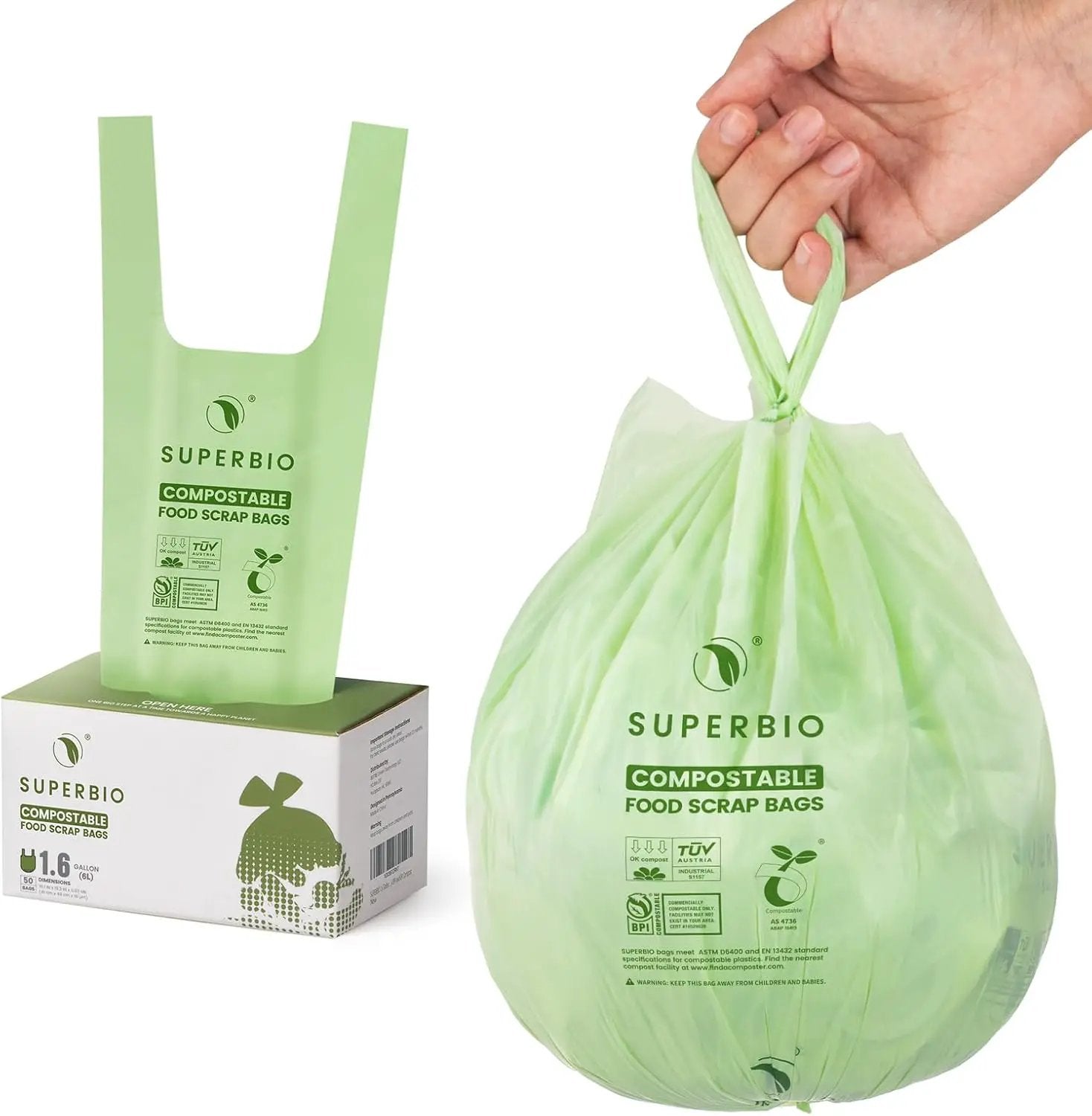 SUPERBIO 1.6 Gallon Handle Tie Compostable Food Scrap Bags For Counter Top Compost Bin, Small Compost Bags, 50 Count, 6 Liter, BPI & OK compost INDUSTRIAL Certified by GreenHaven Gardens