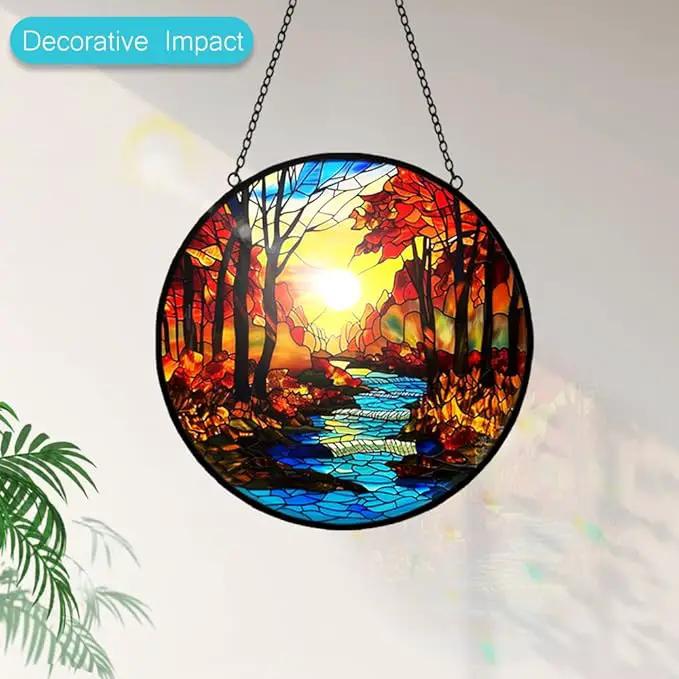 Sunrise Tree and River Landscape Stained Glass Suncatcher for Window Hanging - Sunrise Painting Sun Catcher Window Ornaments with Metal Chain and Hook - Decor Gift for Mom Wife Husband Nature Lovers by GreenHaven Gardens
