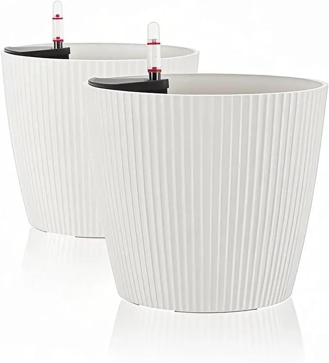 Dexceder 13x12 Self Watering Planters Indoor, Inner Mat Design, Floor Standing Flower Plant Pot with Water Level Indicator (2 Pack, White) by GreenHaven Gardens