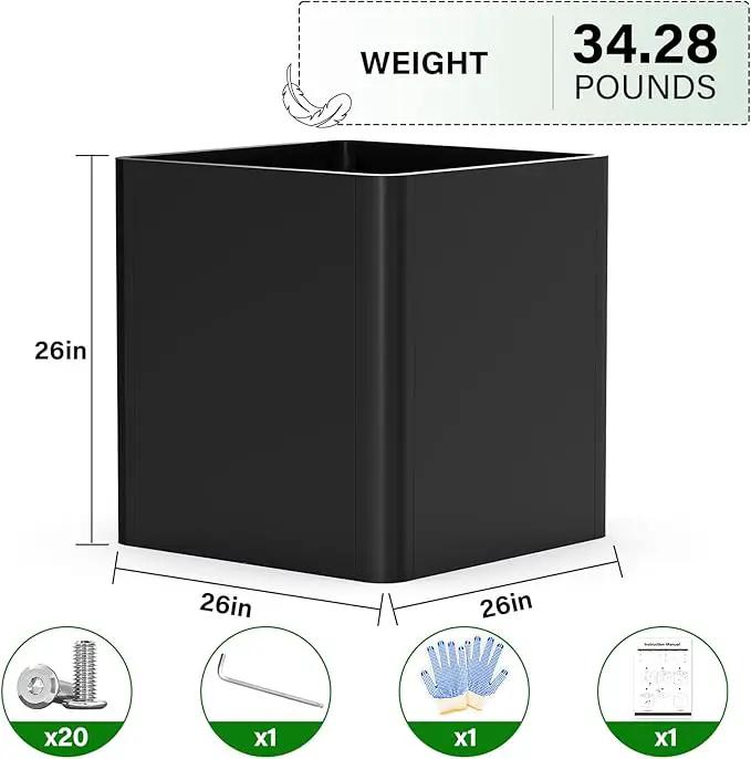 Large Metal Square Planter 26" L x 26" W x 26" H, Heavy Duty Black Large Outdoor Planters with Drainage Hole for Porch/Patio/Garden by GreenHaven Gardens