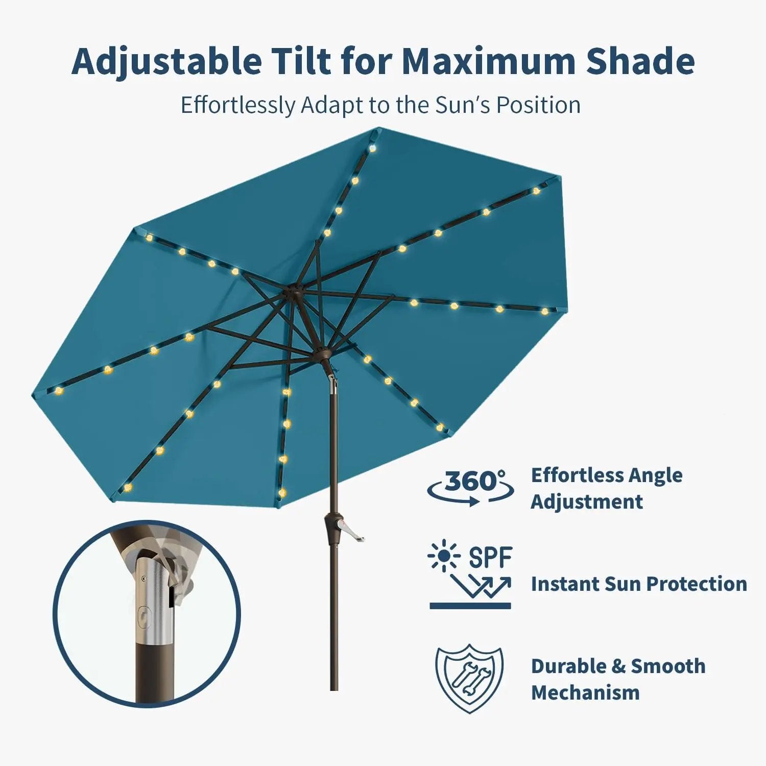 10FT Solar Umbrella 32 LED Lighted Patio Umbrella Table Market Umbrella w/Tilt and Crank, UV-Resistant Outdoor Umbrella for Pool, Garden, Deck, Lake Blue by GreenHaven Gardens