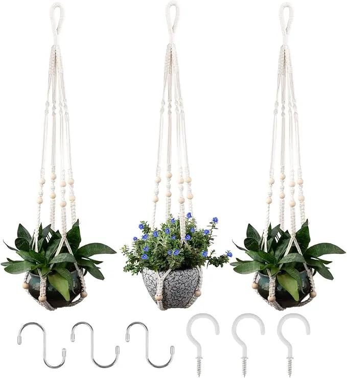 RIFNY Macrame Plant Hanger for 5 to 10 Inch Plant Pots, 35 Inch Indoor Handmade Woven Rope Hanger Kits with Hooks and Wood Beads, Hanging Planter Basket Holder for Boho Home Decor (White, 3 Pack) by GreenHaven Gardens