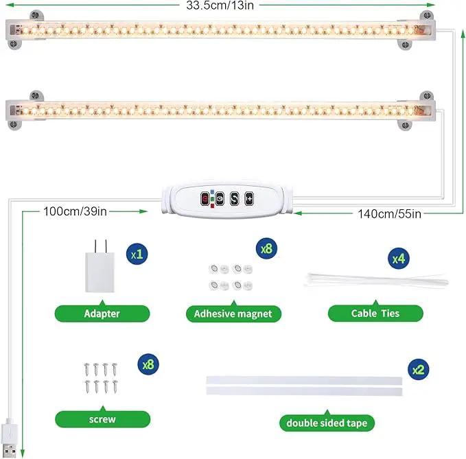 LED Grow Light Strips, Grow Lights for Indoor Plants Full Spectrum 3000K, 96 LEDs Plant Light with 3/9/12H Timer, 10 Dimmable Levels for Seedling Succulent, 2 Head 13 Inches by GreenHaven Gardens