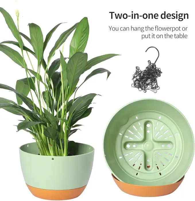 2 Pack Plastic Hanging Planters 10 Inch Hanging Pots with Drainage Hole for Indoor Outdoor Plants, Round Hanging Basket with Removable Tray for Home Garden Porch Balcony Patio Decor by GreenHaven Gardens