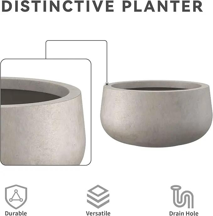 Kante 11.8" Dia Round Concrete Planter, Cement Plant Pots with Drainage Hole and Rubber Plug for Outdoor Indoor Garden Home, Modern Curvaceous Design, Weathered Concrete by GreenHaven Gardens