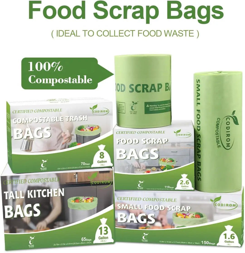 100% Compostable 1.6 Gallon Trash Bags, 6 Liter, 150 Count Kitchen Food Scrap Small Compost Bags for Countertop Bin with Europe EN13432 Certified by GreenHaven Gardens