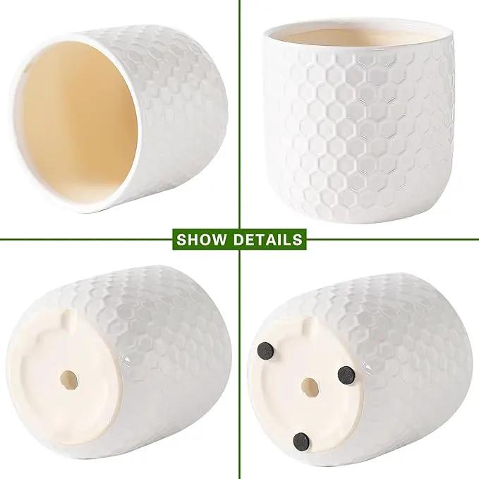 Docrin Ceramic Plant Pots Indoor: 6.5+5.3+4 Inch Planters with Drainage Holes for Home/Office - Set of 3 / White Honeycomb by GreenHaven Gardens